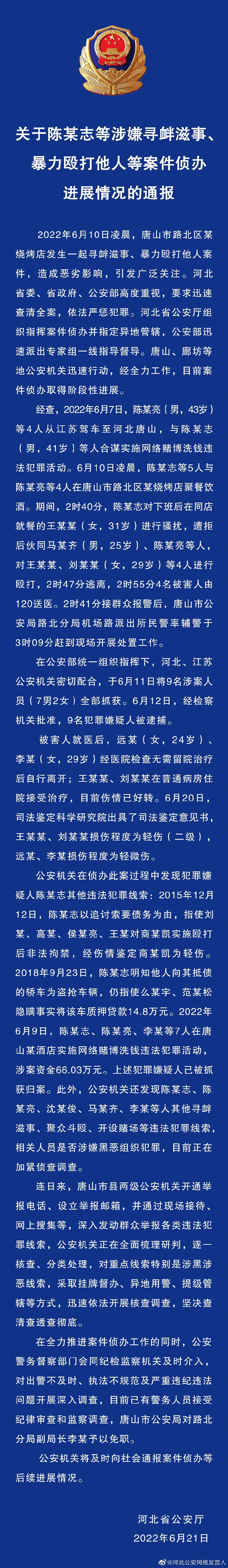 關于陳某志等涉嫌尋釁滋事、暴力毆打他人等案件偵辦進展情況的通報