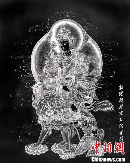 圖為朱增平創(chuàng)作的鍥金畫《敦煌榆林窟文殊菩薩》。(資料圖) 受訪者供圖