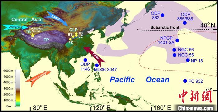 塔里木沙塵傳輸至北太平洋的路徑(陰影區(qū))及西昆侖山黃土巖芯位置(五角星)。　中科院青藏高原所 供圖