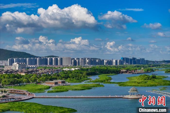 資料圖：航拍蘇州太湖湖濱國家濕地公園，藍天碧水生態(tài)美。 泱波 攝