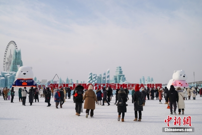 1月4日，第25屆哈爾濱冰雪大世界內(nèi)的冰雕吸引游客觀看。白天的冰雪大世界，游客仿佛置身現(xiàn)實(shí)版“冰雪奇緣”。<a target='_blank' href='/'><p  align=