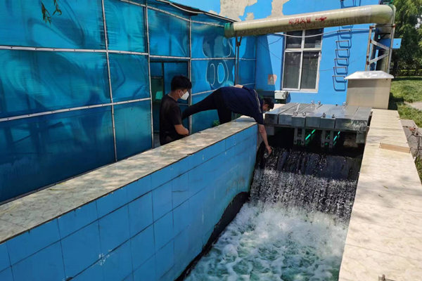 邯鄲市雞澤縣藍(lán)天污水處理廠員工正在出水口進(jìn)行水質(zhì)檢測。鄭佳欣攝