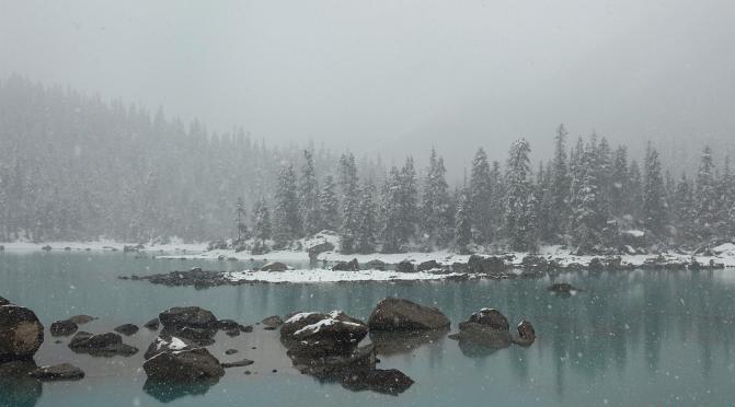 然烏湖春雪飄落美如畫(huà)游客湖邊拍照賞景