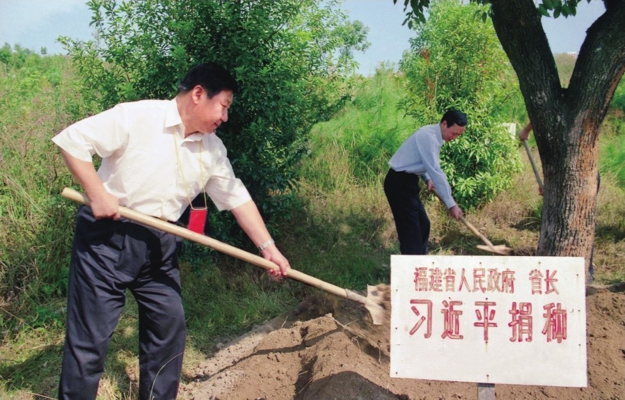 2001年10月，習(xí)近平在龍巖市長汀縣調(diào)研水土流失治理工作，在河田世紀(jì)生態(tài)園為樹培土。圖源：《習(xí)近平在福建（下）》