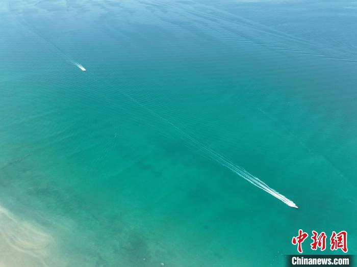 圖為航拍仲夏時節(jié)，青海湖湖水碧波蕩漾?！∑钤鲚?攝